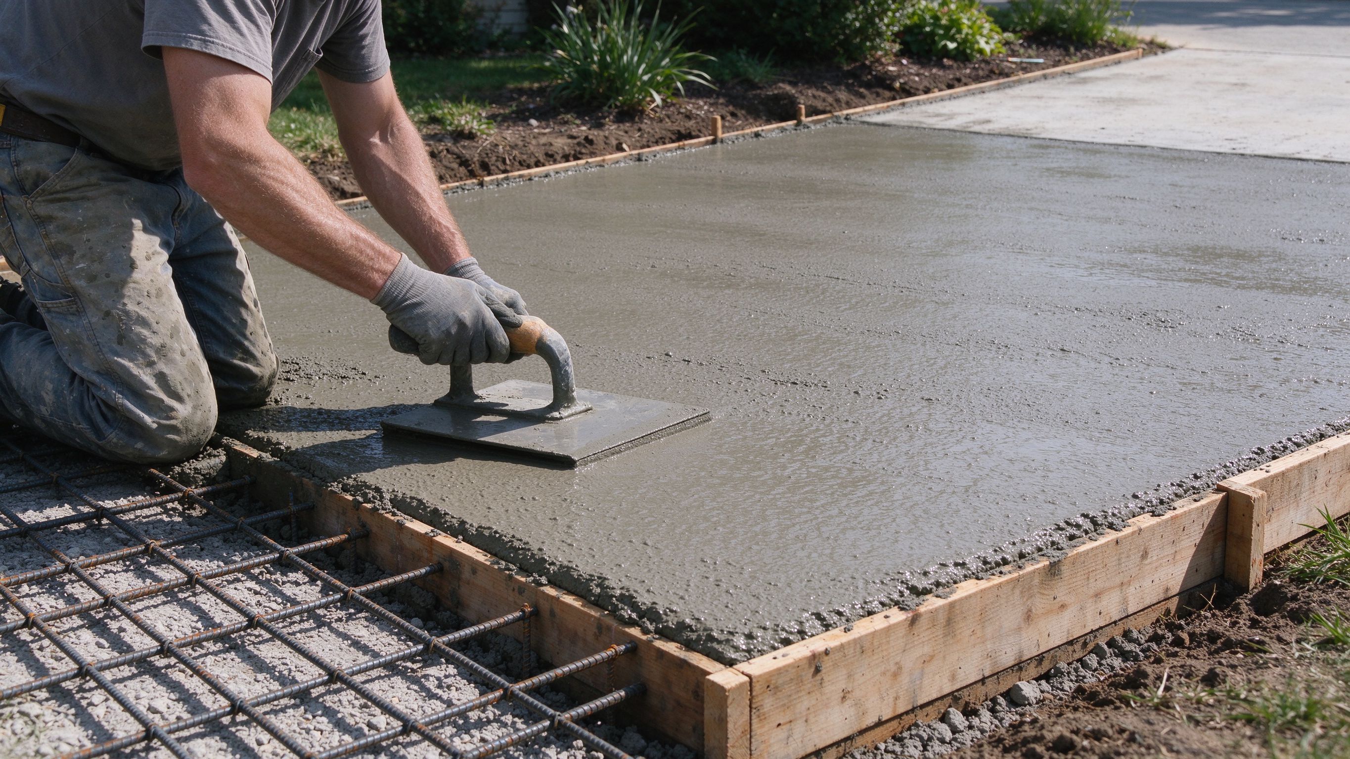 Worker smoothing a freshly poured concrete slab on a driveway