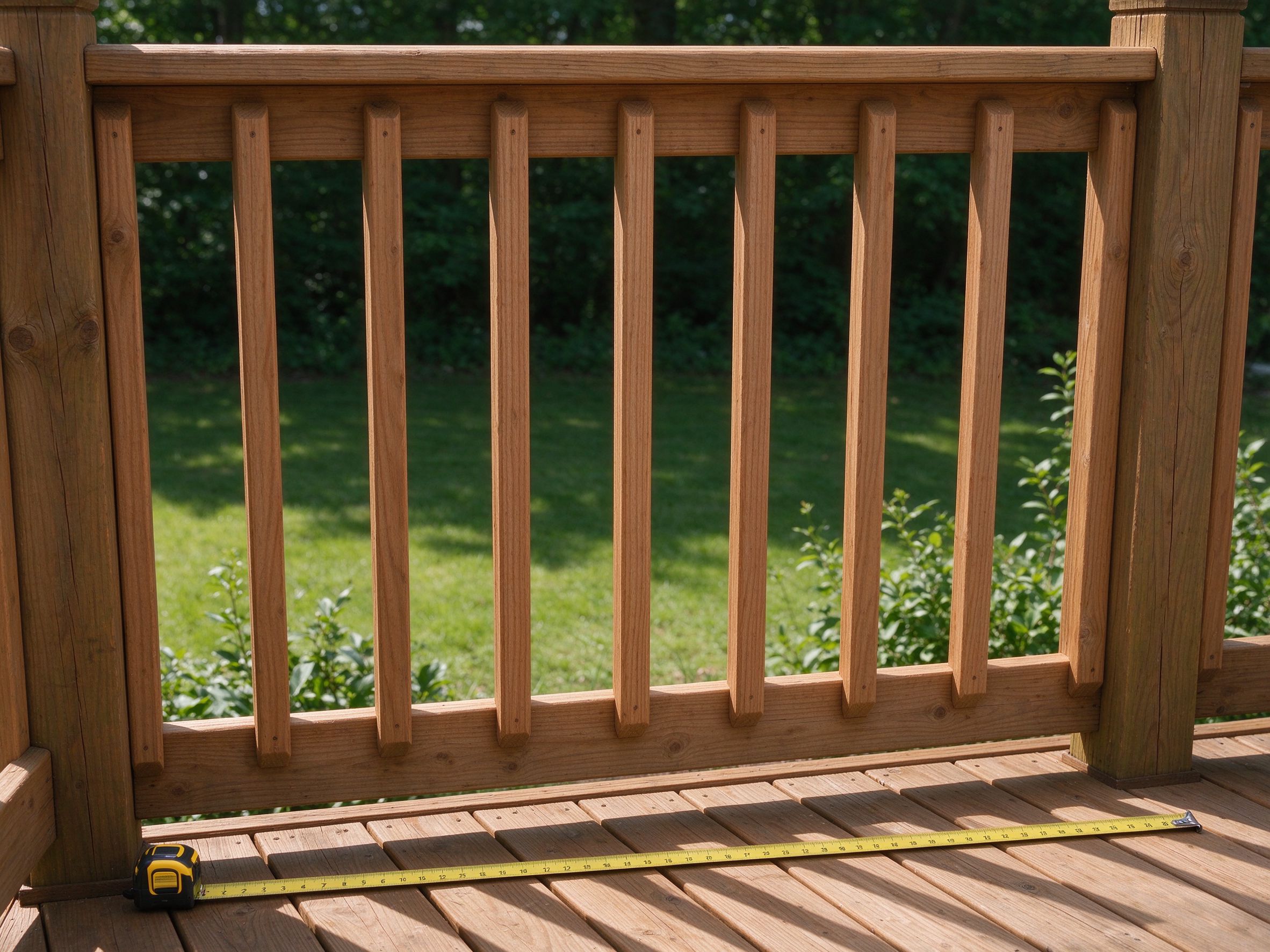 Wood deck balusters with a tape measure checking spacing