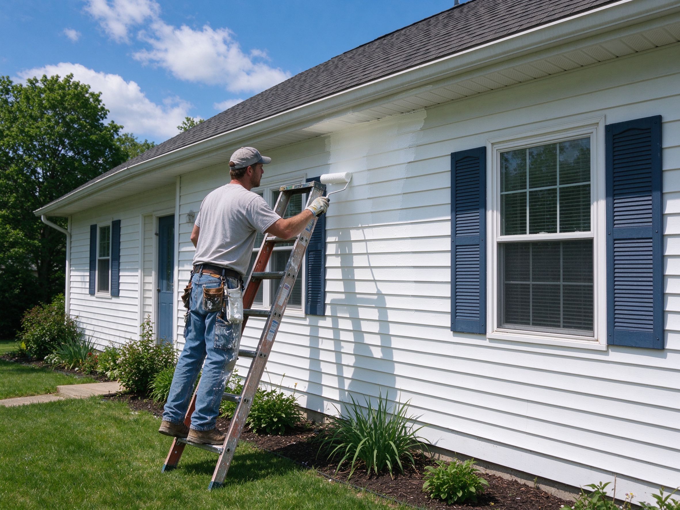 Painting the siding of a house with a roller on a ladder