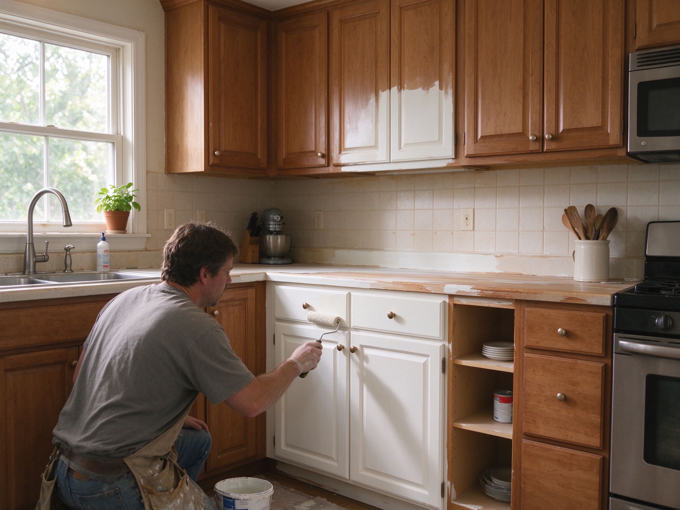 Painting white kitchen cabinet doors with a small roller