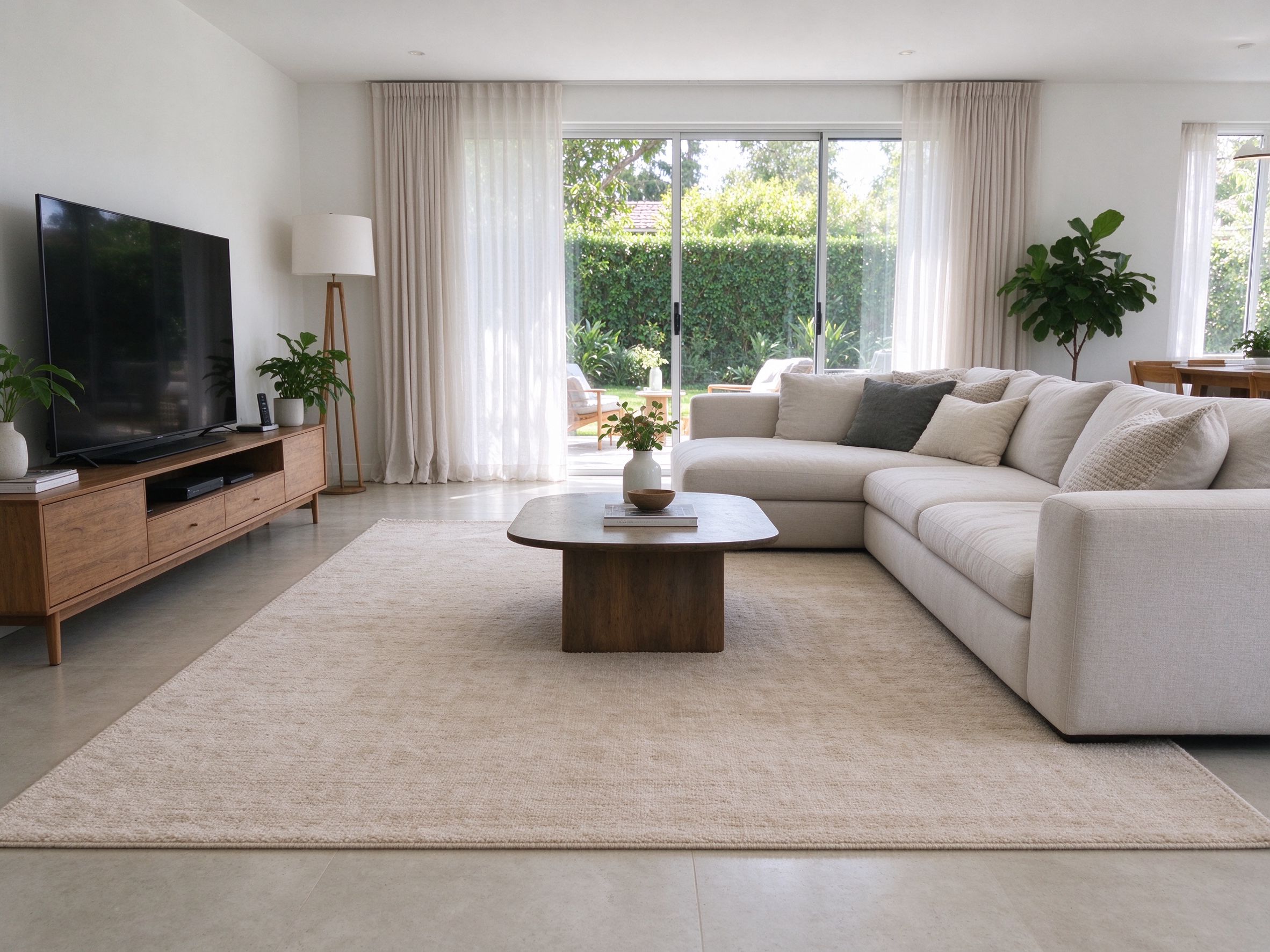 A modern living room with a large beige area rug under the sofa and coffee table