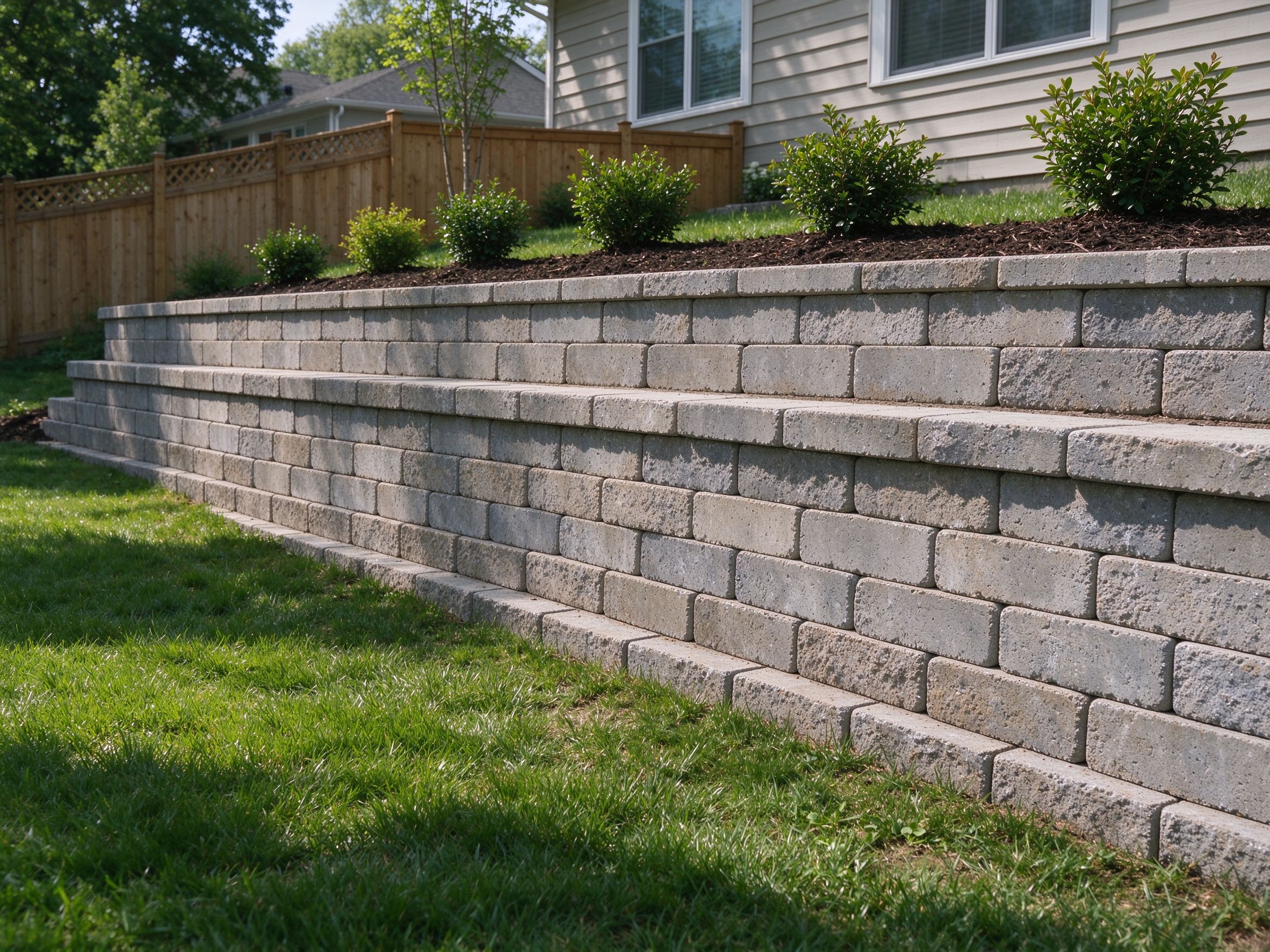 A stacked concrete-block retaining wall in a backyard