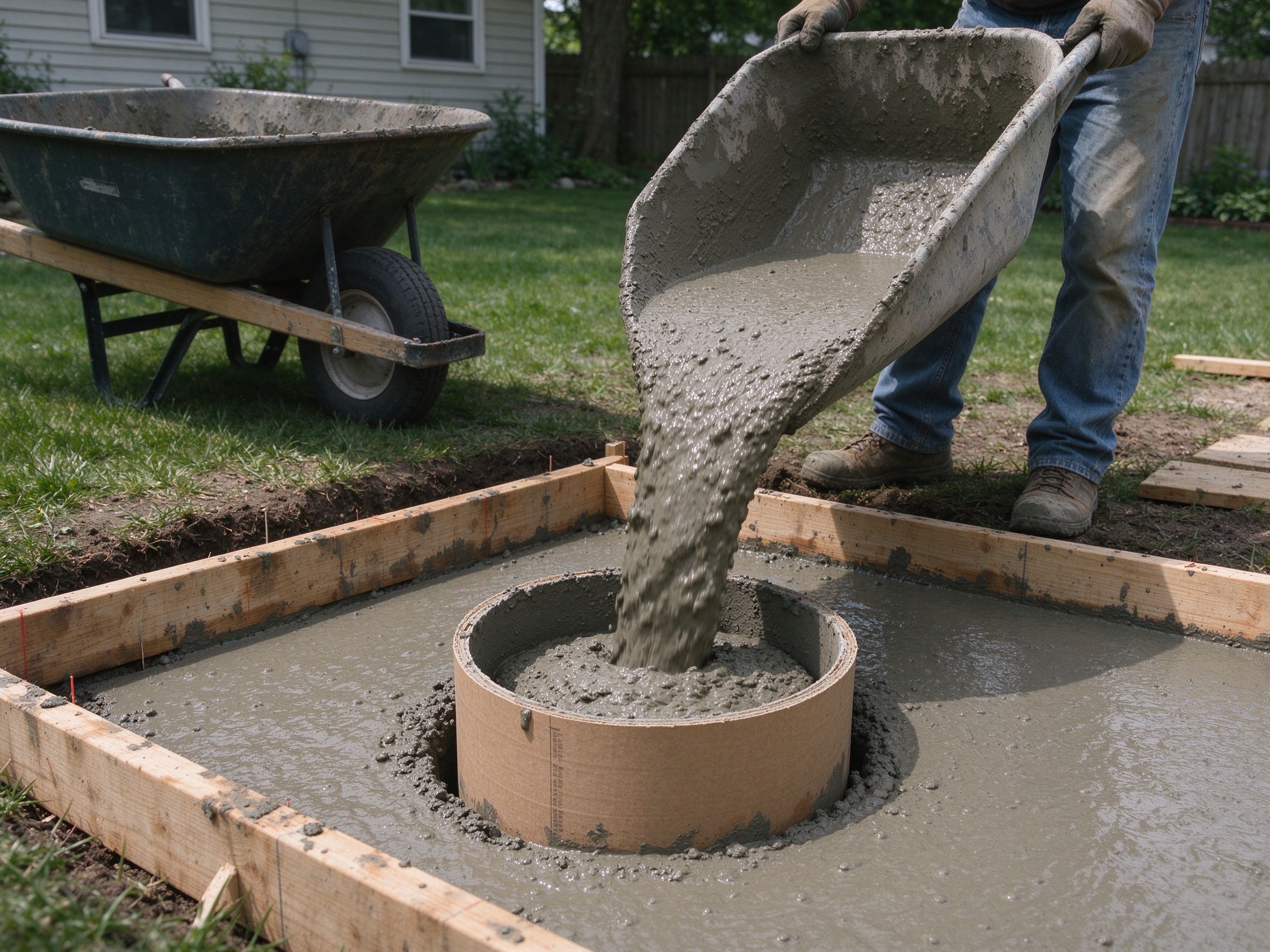 Pouring concrete into a round sonotube footing form